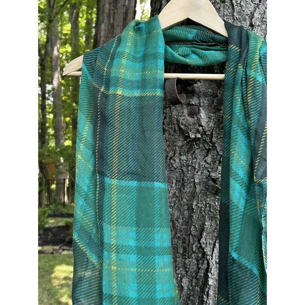 Talbots Wrap Scarf Green Plaid Fringe Silk Wool Preppy Traditional Classic